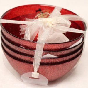 AKCAM Bowls Sparkling Red Glitter Set of4 Turkish Glass Dinnerware Hand Made NEW
